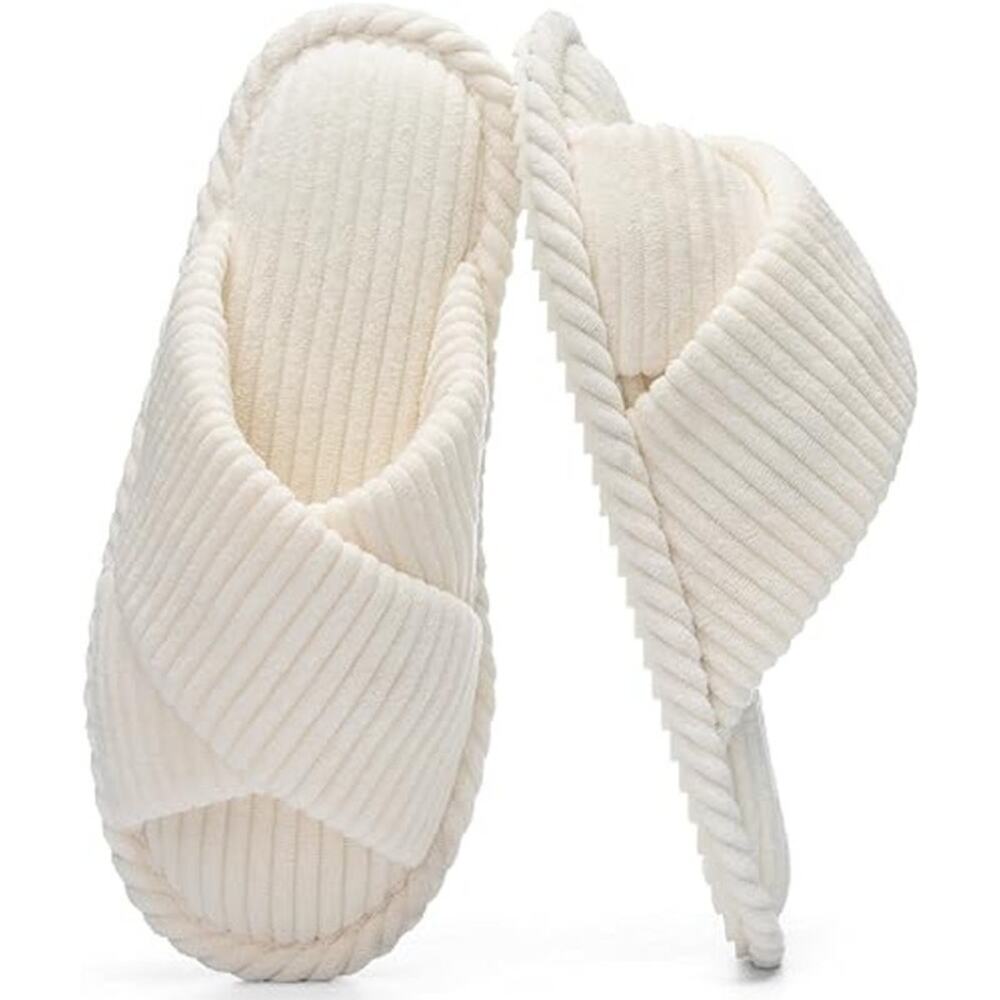 Womens Corduroy Memory Foam House Slippers Slides Open Toe Crossbands, Size 9-10